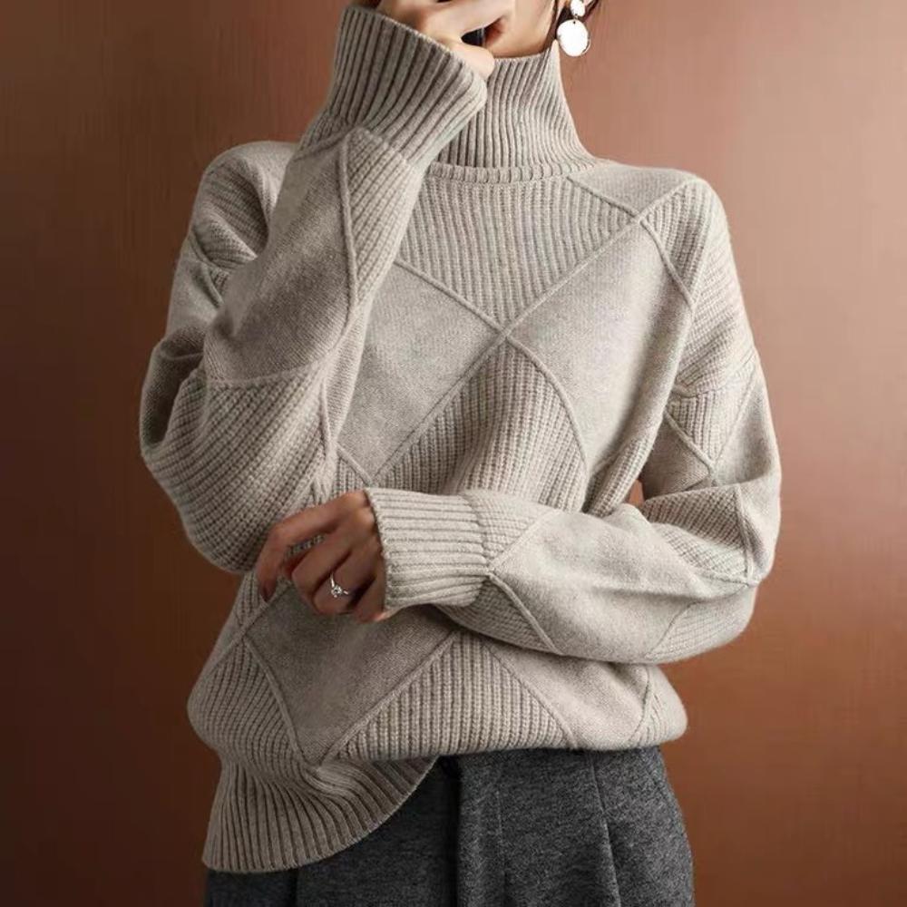 Ladies' High Neck Autumn and Winter Diamond Solid Color Thick Pullover Loose and Lazy Style Knitted Base Sweater