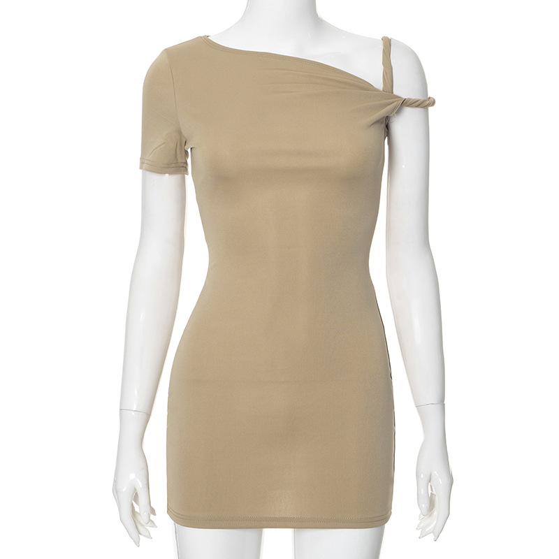 Damenmode Sommer Frühling Einfarbig Druck Kurzarm Schrägkragen Hohe Taille Freizeitkleider