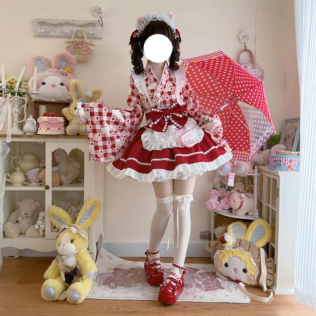 XHSUKADO Dress Set Includes Mini and Long Checkered Size M Women's 4-Piece Kimono/Yukata (Summer/Autumn), Top, Skirt, Apron, Obi, Ribbon. Cute,