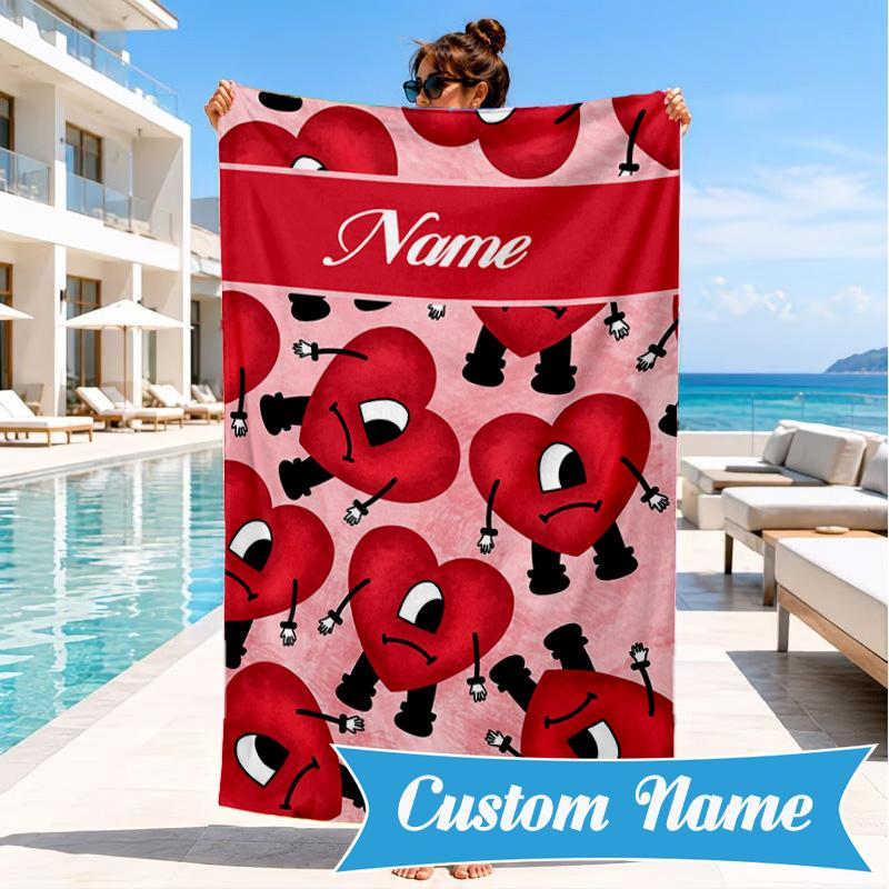 Custom Name Beach Towel Heart Bad Bunny Journal Microfiber Beach Towel, Lightweight for Summer Travel, Swimming Pool Fan Birthday Gift