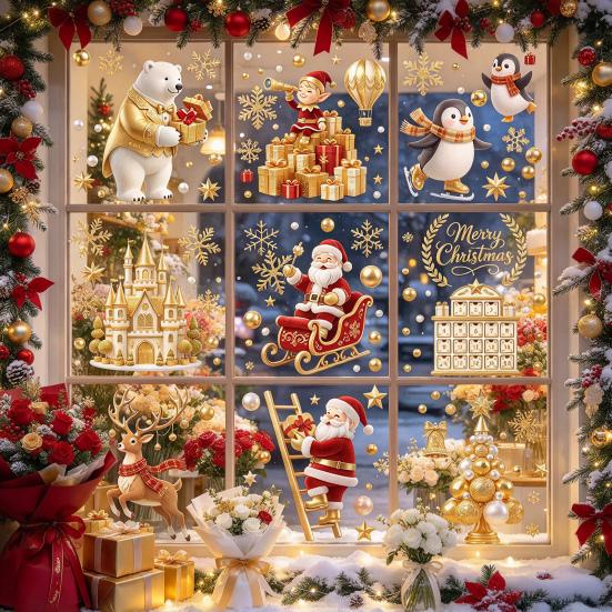 Santa Claus Window Decor 9Pcs Christmas Clings, Golden Static Stickers, Glue Free Decals with Festive Glass Stickers Elk Castle and Tree Patterns for