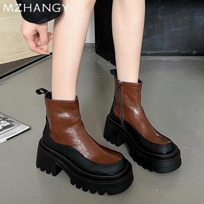 Fashion Women Platform Leather Ankle Boots Elegant High Heels Shoes Woman 2025 Trend Fashion Winter New Snow Cozy Motorcycle Boots Mujer