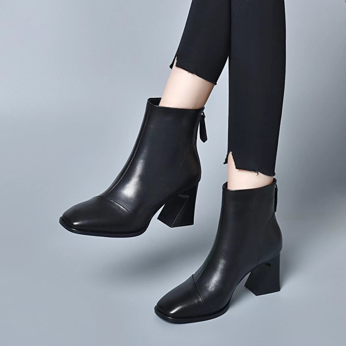 

Fashion Square Toe Heeled Women s Ankle Boots Leather Female Short Shoes Autumn Winter Fleece-Lined Booties Chic and Elegant Hot Boot 35