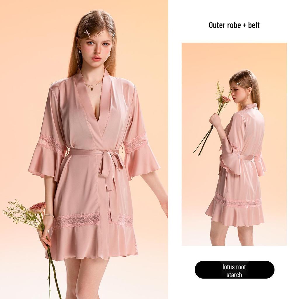 Stunning Satin Lace Backless Tie-Waist Camisole Nightgown Robe with Padding