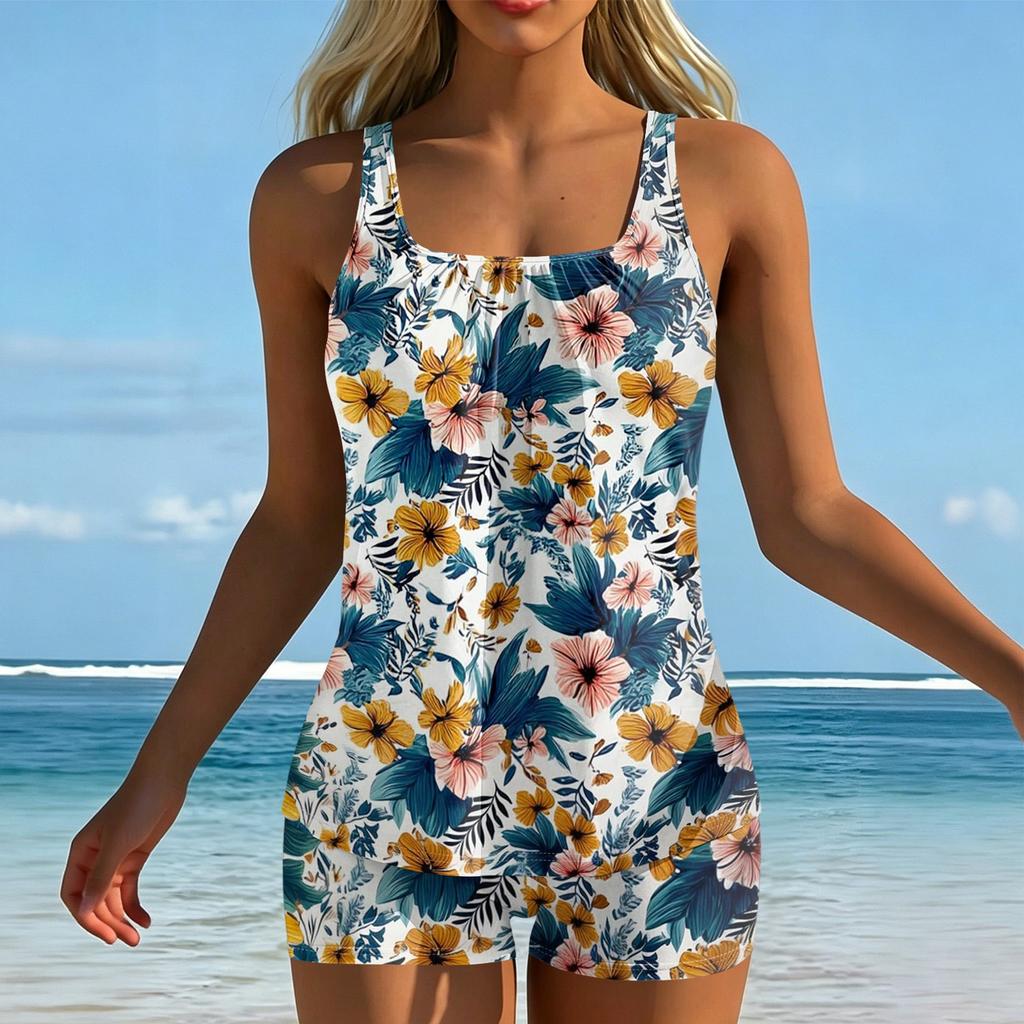 Women's Tankini Swimsuit Two Piece Set with Tropical Print Racerback Top and Boyshorts Swimwear for Beach Pool