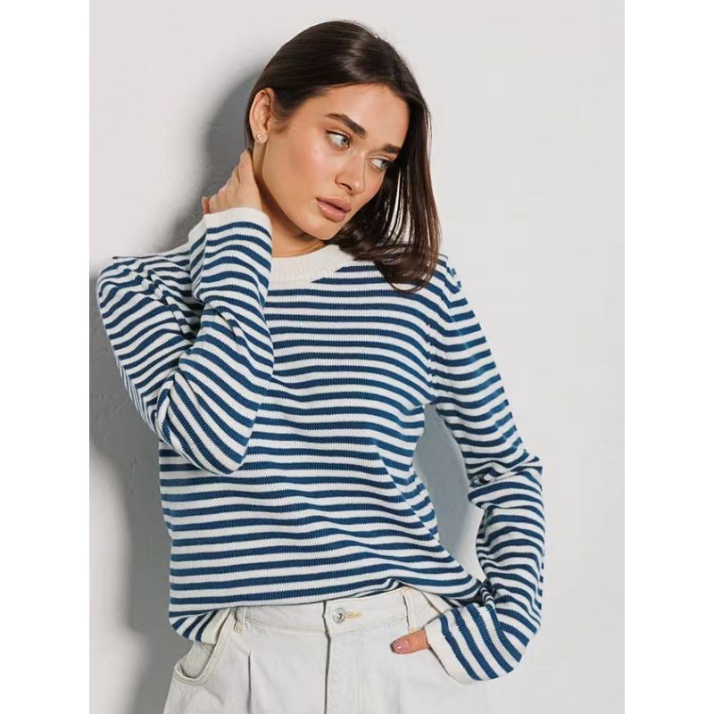 

Европейский и американский осенне-зимний новый модный контрастный цвет, топы с круглым вырезом, вязаный свитер в полоску, полосатый вязаный свитер Blue L