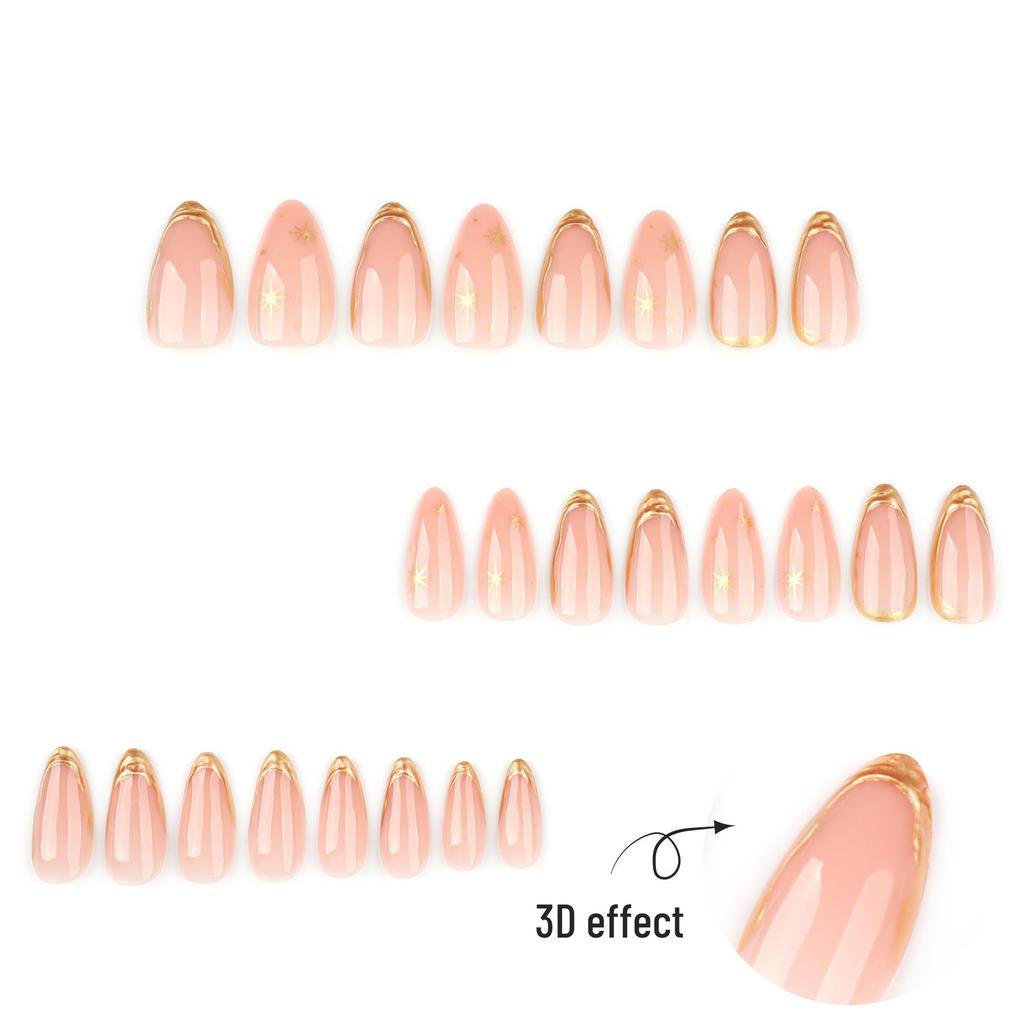 3D Gold Hot Stamping Short Almond Press-On Nails - Wearable Nail Art