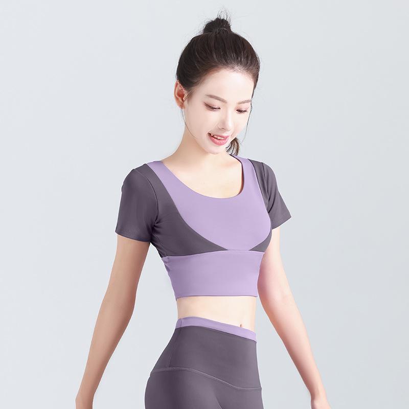 Juyitang Women's Short-Sleeve Color Match Yoga Top, Bra-Free, Navel-Baring Fitness Wear