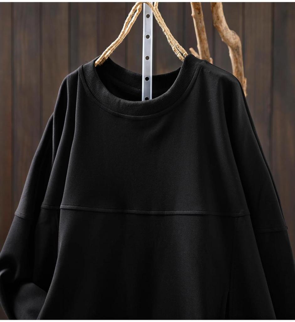 Women's Chic Loose-Fit Retro Sweatshirt with Round Neck, Appliqué & Contrast Stitching - Long Sleeve Casual Top