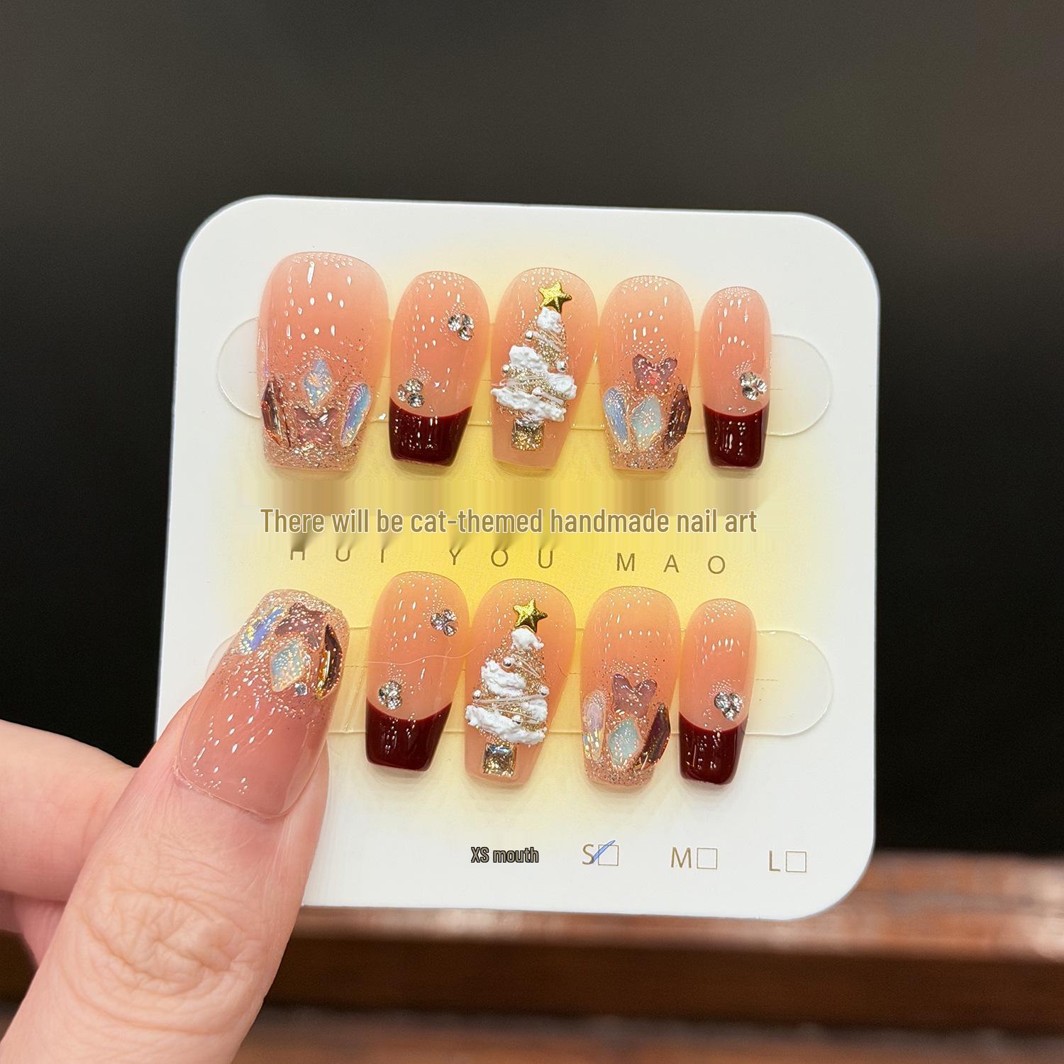 

Cat Christmas Adventure & New Year Blush Glitter French Nails – Handmade, Dazzling, Gentle, Mature Style for Sisters S-Short T