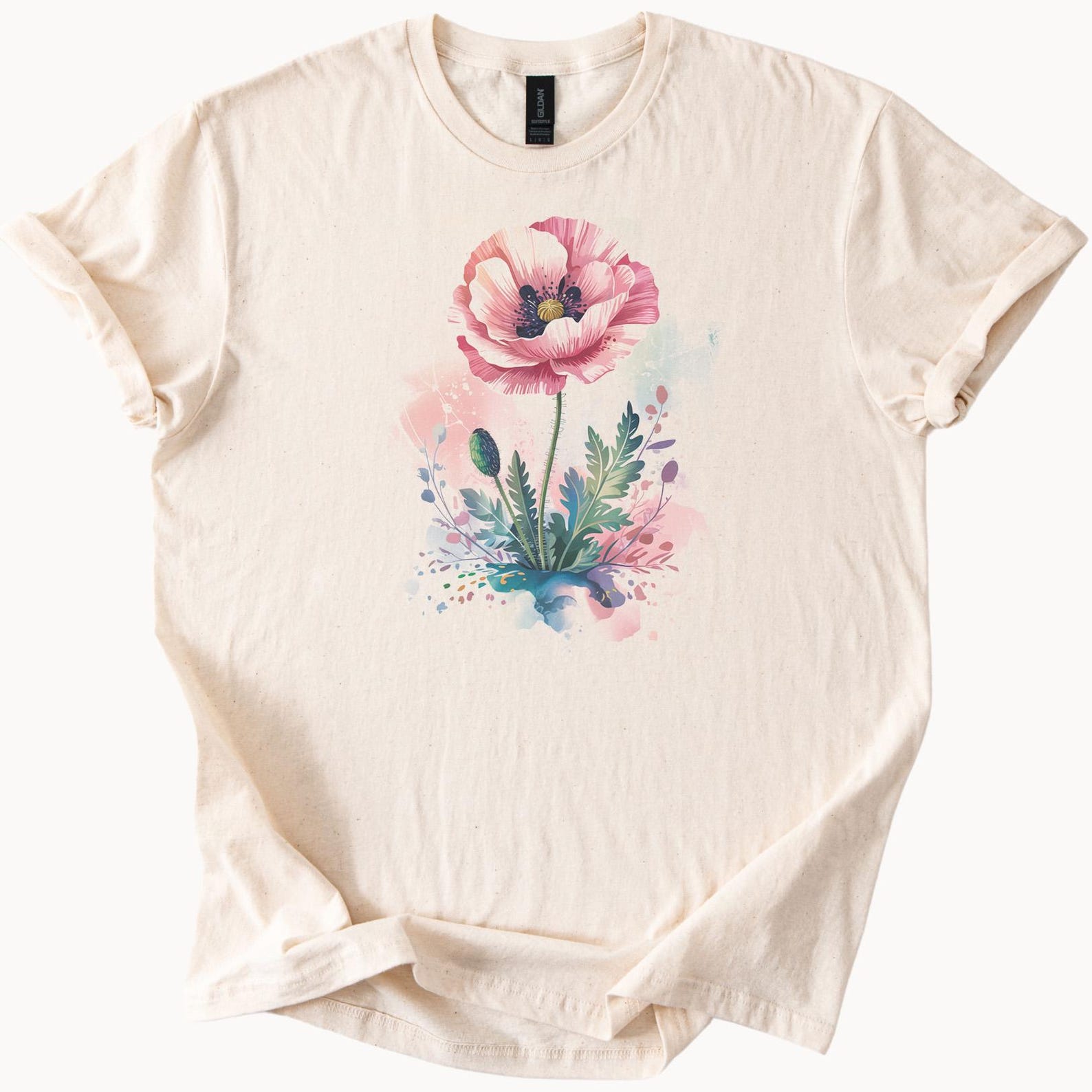 Pink Poppy Flower T Shirt Watercolor Floral Tee Botanical Garden Shirt 110