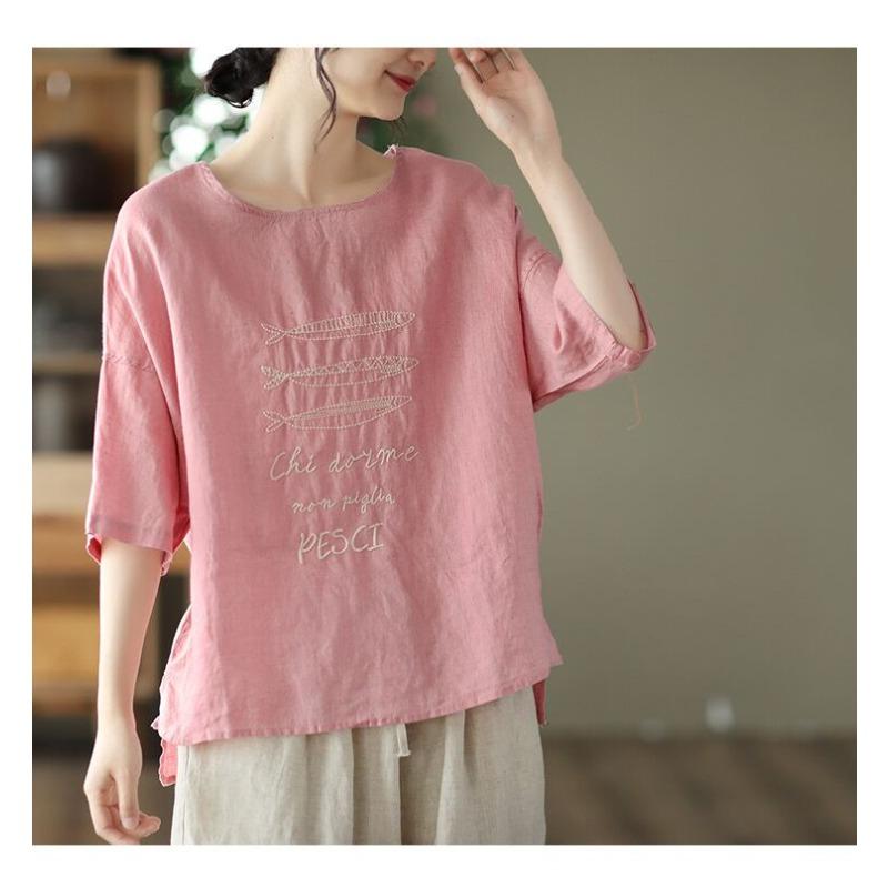 DIMANAF 2026 Summer New Plus Size Women Vintage Embroidery Cotton Linen T-shirt Casual Loose O-Neck Short Sleeve Tops