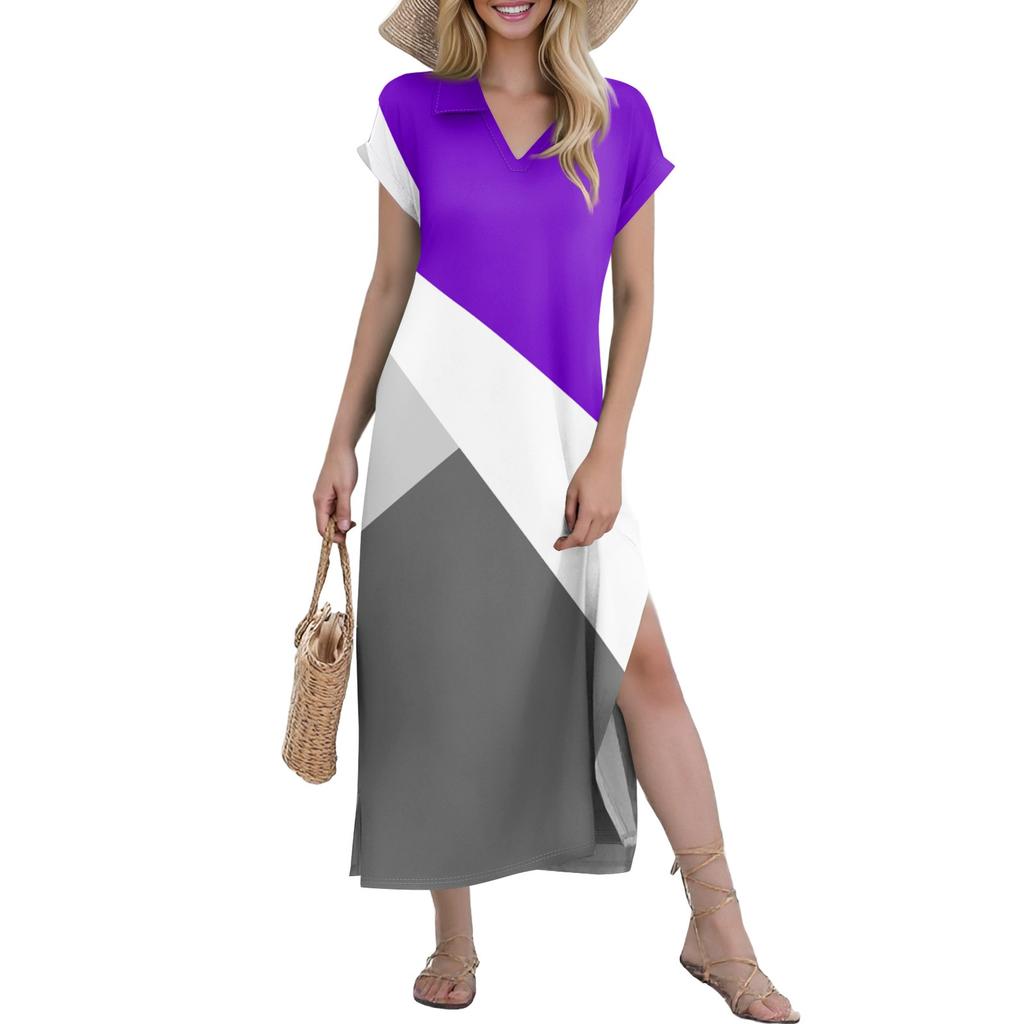 Women's Casual Comfortable V Neck Loose Hem Split Vacation Short Sleeve Geometric Long Dresses