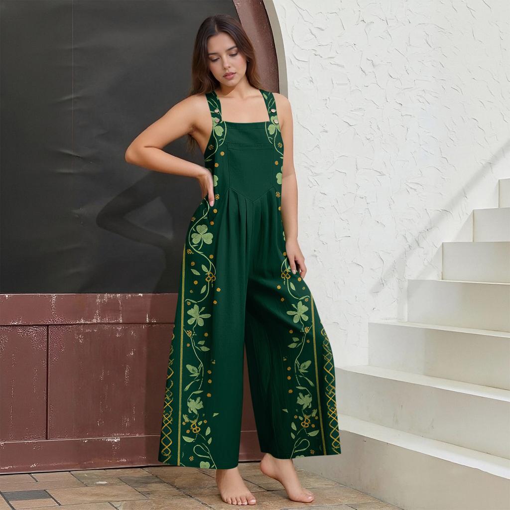 Womens Casual Overalls Jumpsuits Adjustable Straps Sleeveless Print Comfy Rompers With Pocket