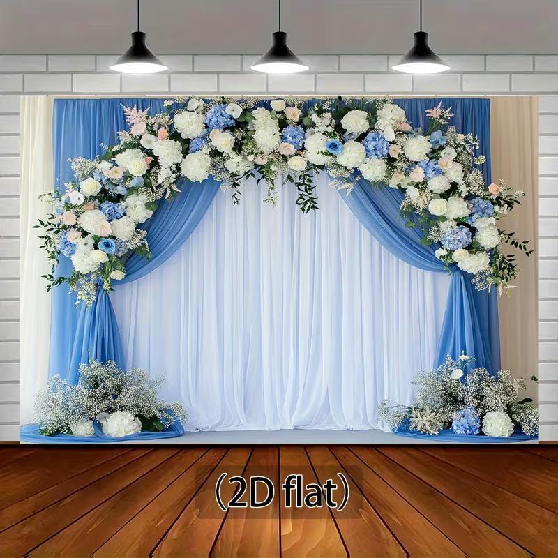 

2D 2D Flat Blue White Flower Curtain Backdrop, Elegant Party & Wedding Background Banner 47.2x31.5inch/120*80cm