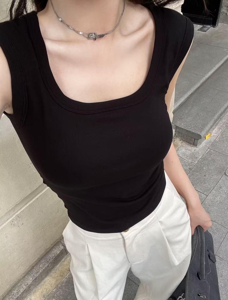 Korean Square Neck Cotton Tank Top with Fixed Cup and Chest Pad