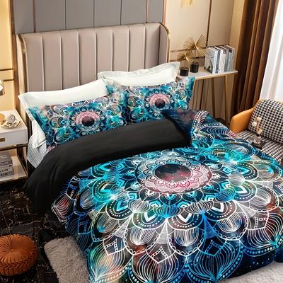 3-teiliges Bettwäscheset mit Galaxy-Mandala-Blumenmuster – Stilvolle Ramadan-Gästezimmerbettwäsche mit 1 Bettbezug und 2 Kissenbezügen