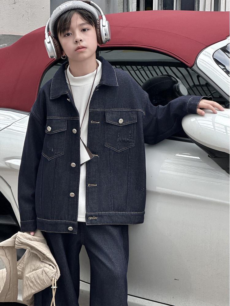 Boys' Preppy Style Denim Two-Piece: Warm Fleece-Lined Coat & Pants - 2025 Autumn/Winter Collection