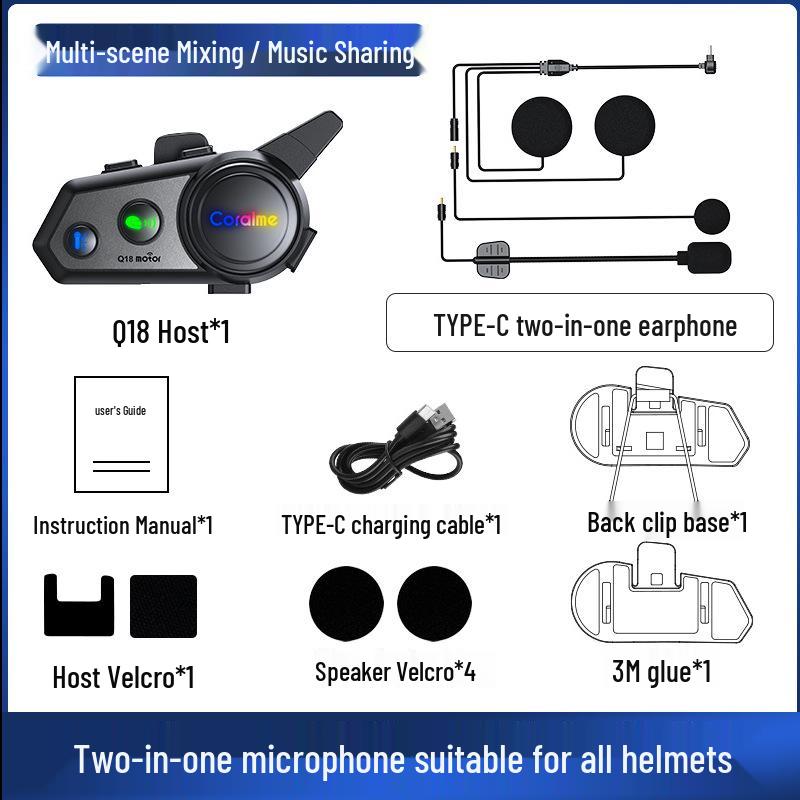 Q18 Intercom Helmet Bluetooth Headset: Dual Person Connection with External Mixing Capability Q18 Helmet Bluetooth Headset