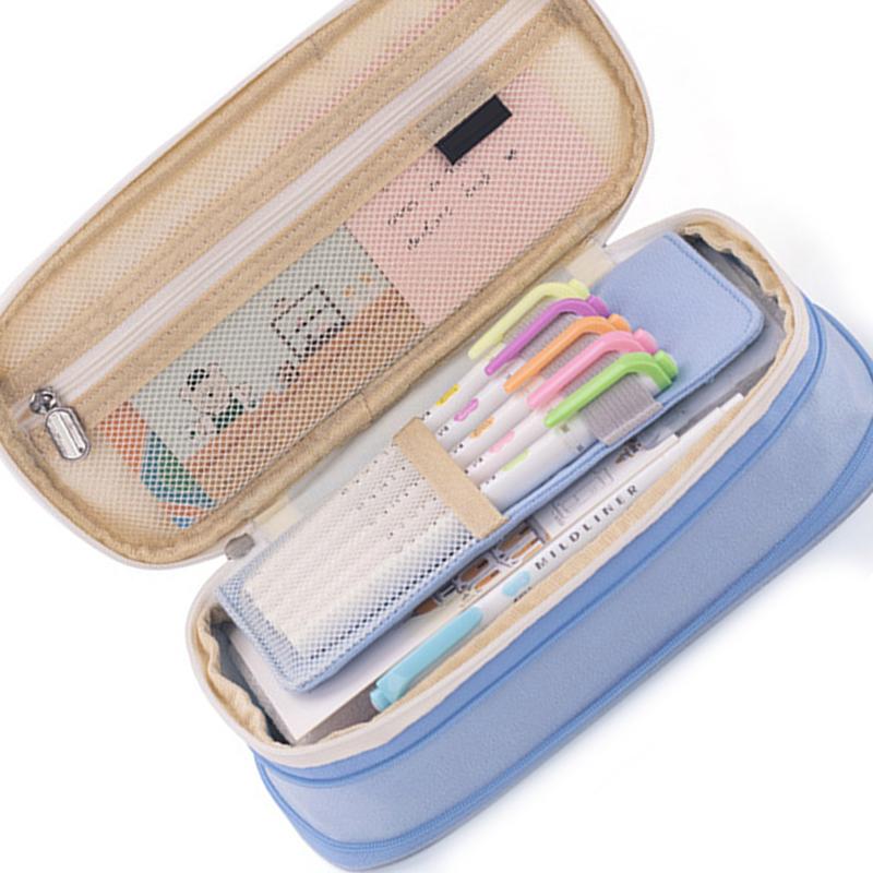 Pencil Pouch Large Capacity Color Splicing Double Layered Simple Style Design Pen Holder Bag