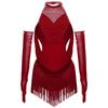 Dívčí latinskoamerický taneční outfit Nařasený síťovaný design Výřez Třásně Třpytivé kamínky Leotard s odpovídajícími rukavicemi