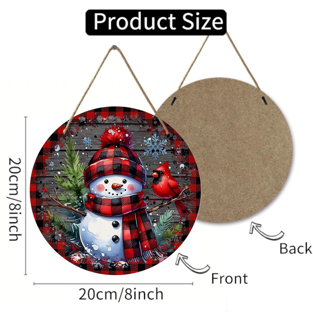 Rustic Buffalo Plaid Snowman Cardinal Print Round Wooden Hanging Plaque Winter Wall Decor Festive Front Door Sign Home Holiday Ornament