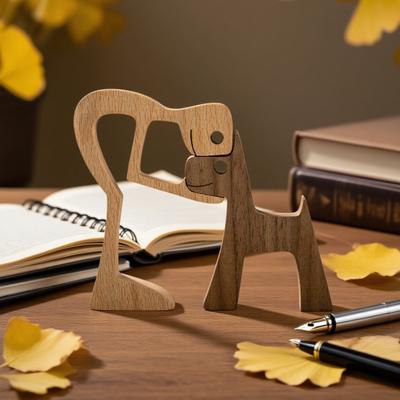 Dog And Human Ornament Rustic Wooden Boy And Dog Decoration Minimalist Puppy Family Figurine Gift for Dog Lovers Home Desktop Decor