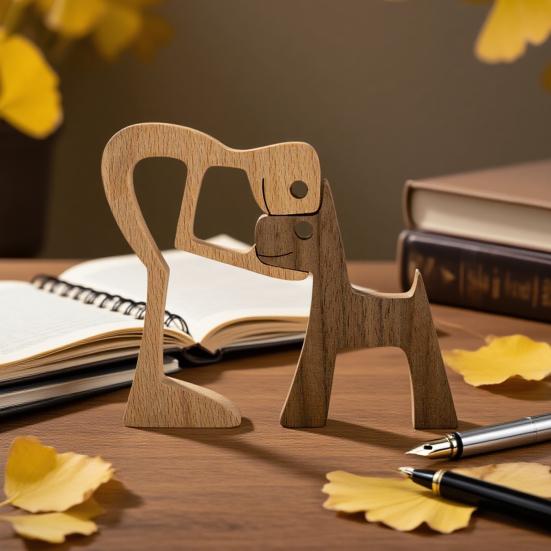 Hund og menneske ornament Rustikk tre gutt og hund dekorasjon Minimalistisk valpefamiliefigur Gave til hundeelskere Hjem skrivebordsdekor