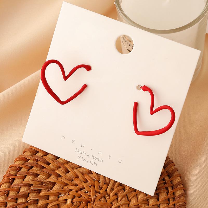 

S925 Silver Red Heart Hoop Earrings - Retro Hong Kong Style for Women