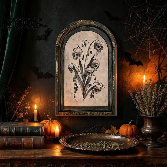 Desktop Halloween Ornament Arched Wooden Wall Decor, Ghost Cat Double-Layer Hanging Ornament, Distressed Gothic Dark Floral Art Tabletop Decor Plaque,