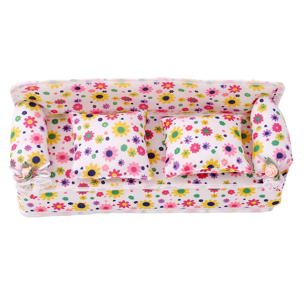 Kinder Miniatur Blumensofa Mini Stoff Blumendrucke Sofa mit Kissen Spielzeug Puppenhaus Möbel Spielzeug