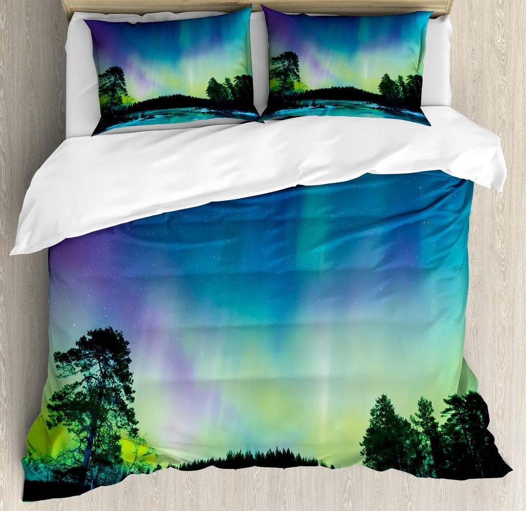 Antarktis Aurora King Queen Bettbezug Bunter Himmel Polarlichter Bettwäscheset Smoky Mountain Forest Weicher 2/3-teiliger Bettbezug