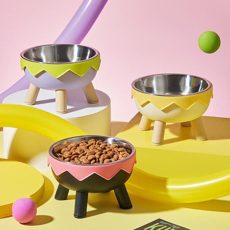 Pet bowl anti knock plastic feeding bowl drinking water protection cervical spinedrinking waterbowl high footstainless steelbowl