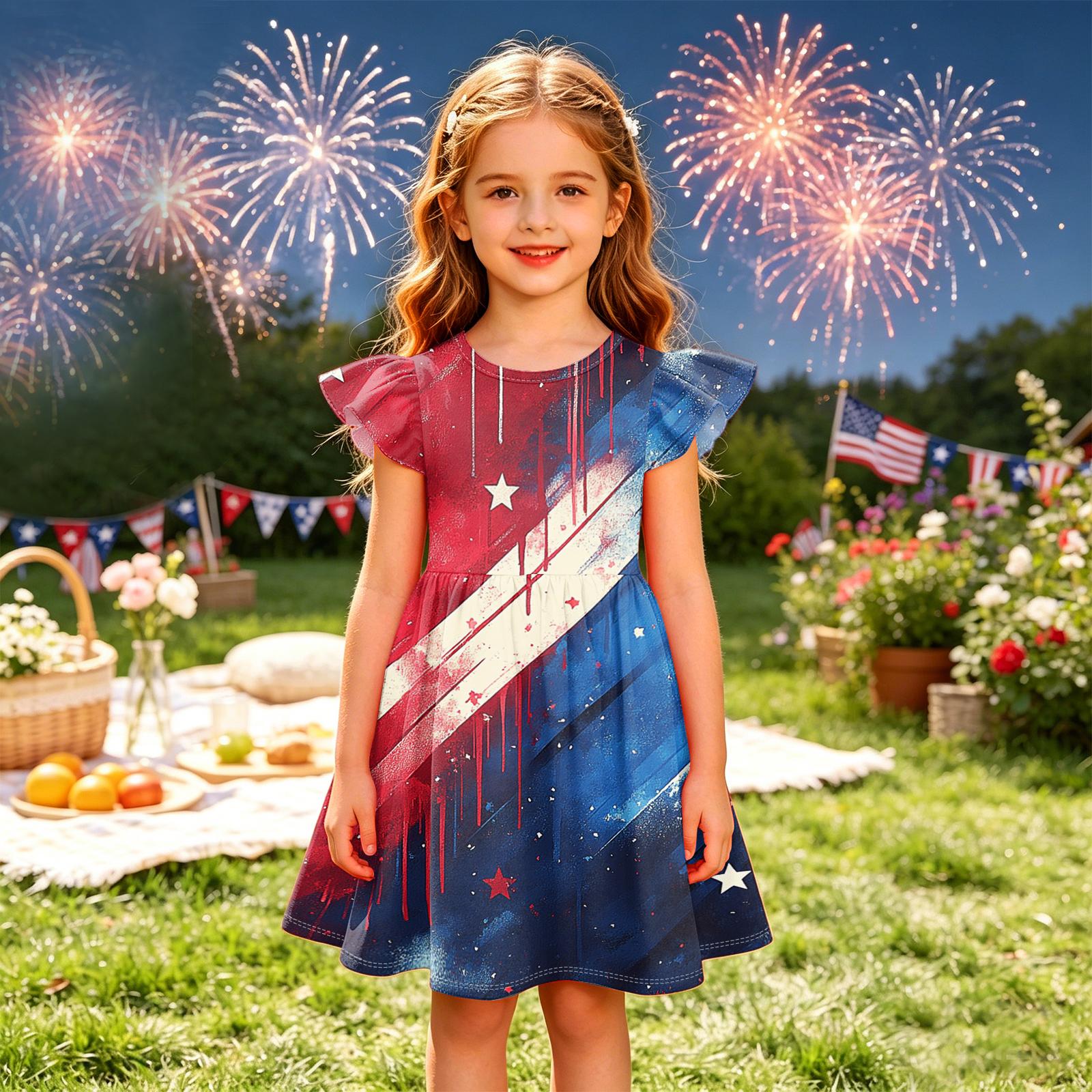 

Girls Short Sleeve Dress with Star and Stripe Print Soft Crew Neck Casual A Line Fit Lightweight Summer Dress 140 красный