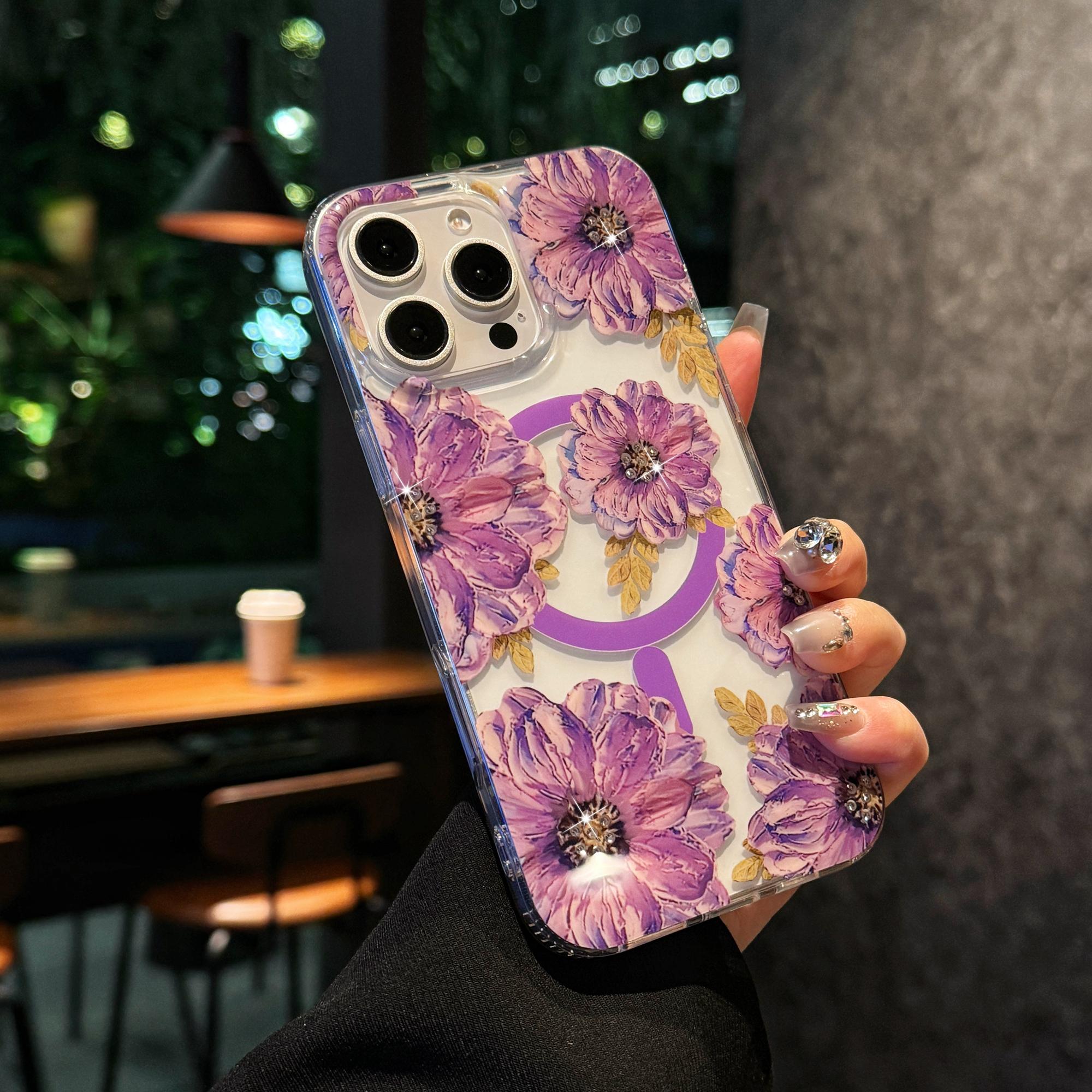 

For iPhone 16 Pro Max Case Compatible with MagSafe Laser Flower PC+TPU Clear Phone Cover Violet