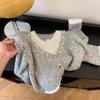 Grey stacked fake two-piece top women's lazy style temperament knitted sweater