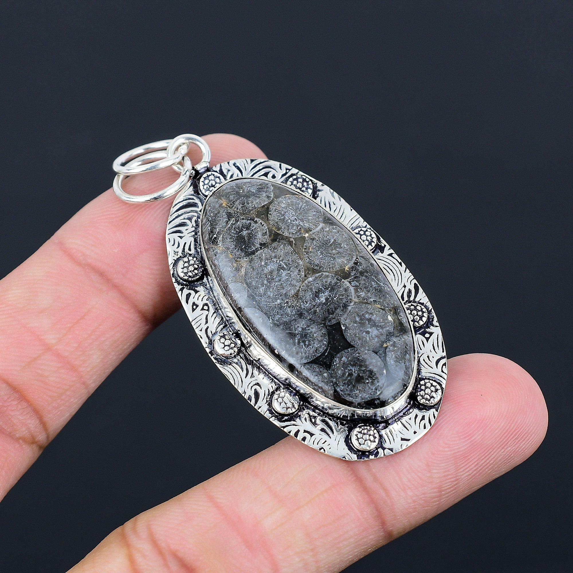 Sisters Day Deal 925 Silver Oval Black Fossil Coral Stone Bezel Unique Pendant