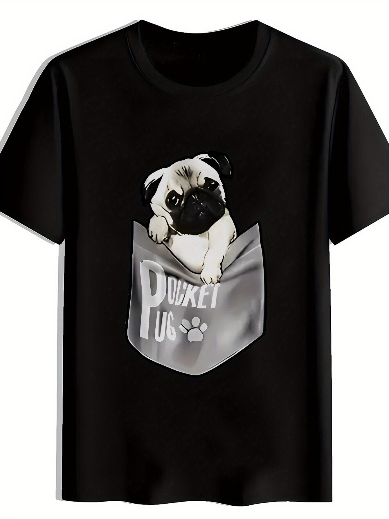 T-shirt Casual Crew Neck with Pug in Pocket Print XS