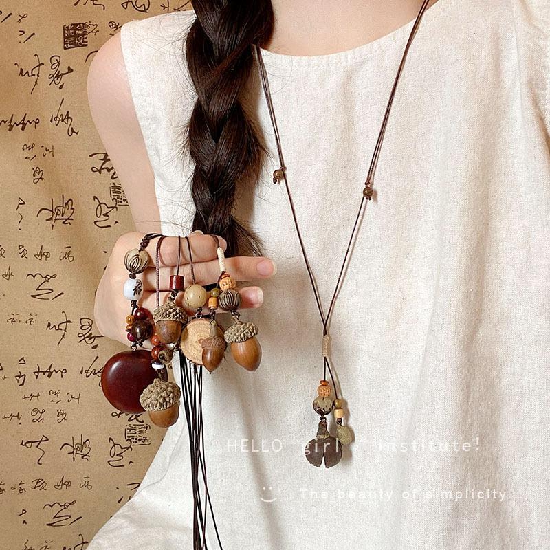 New Chinese style long acorn pendant necklace female retro ethnic style zen wooden sweater chain hanging neck
