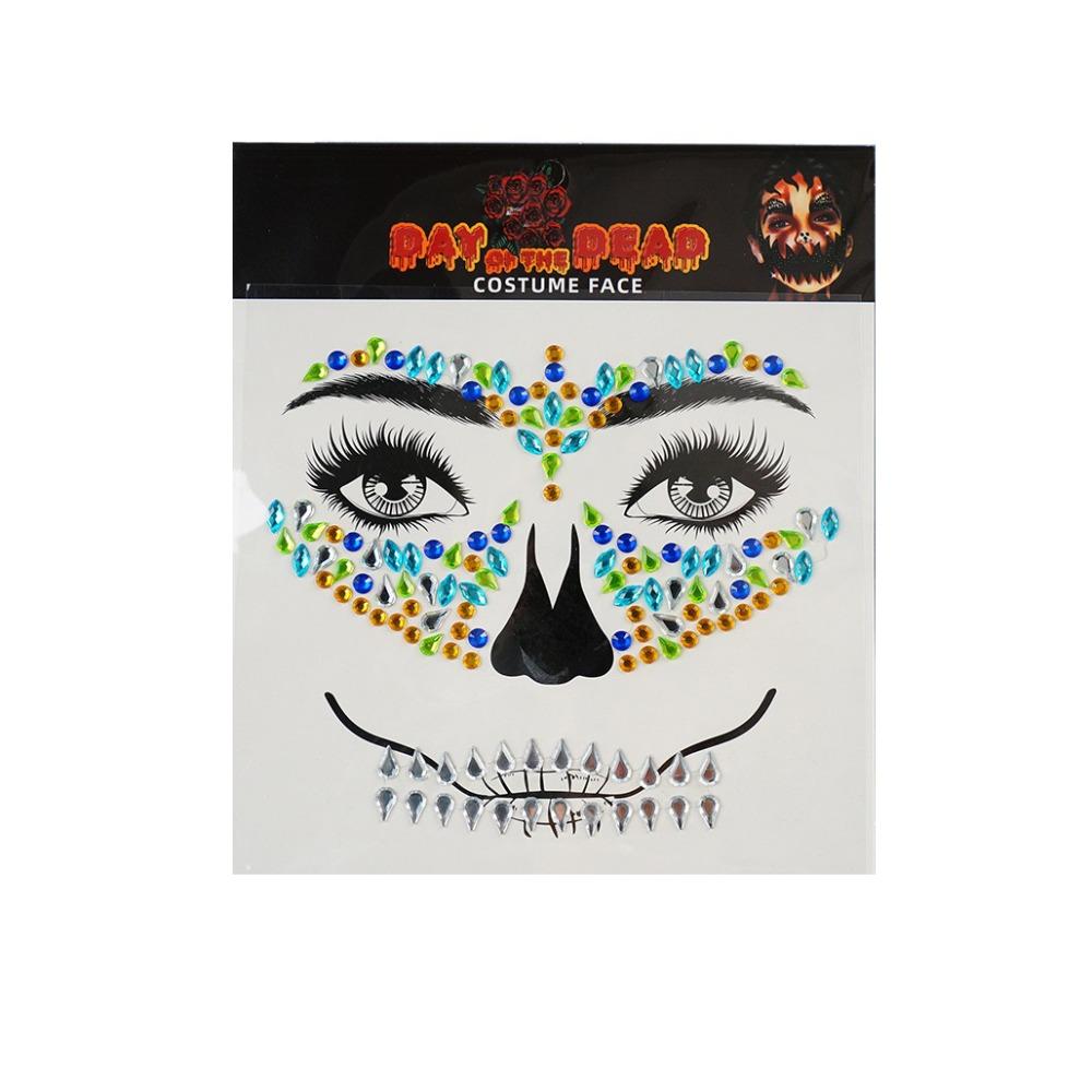 

Funny Rhinestone Face Sticker Colorful Crystal Skull Face Sticker Halloween Fake Tattoo Festive Style 5