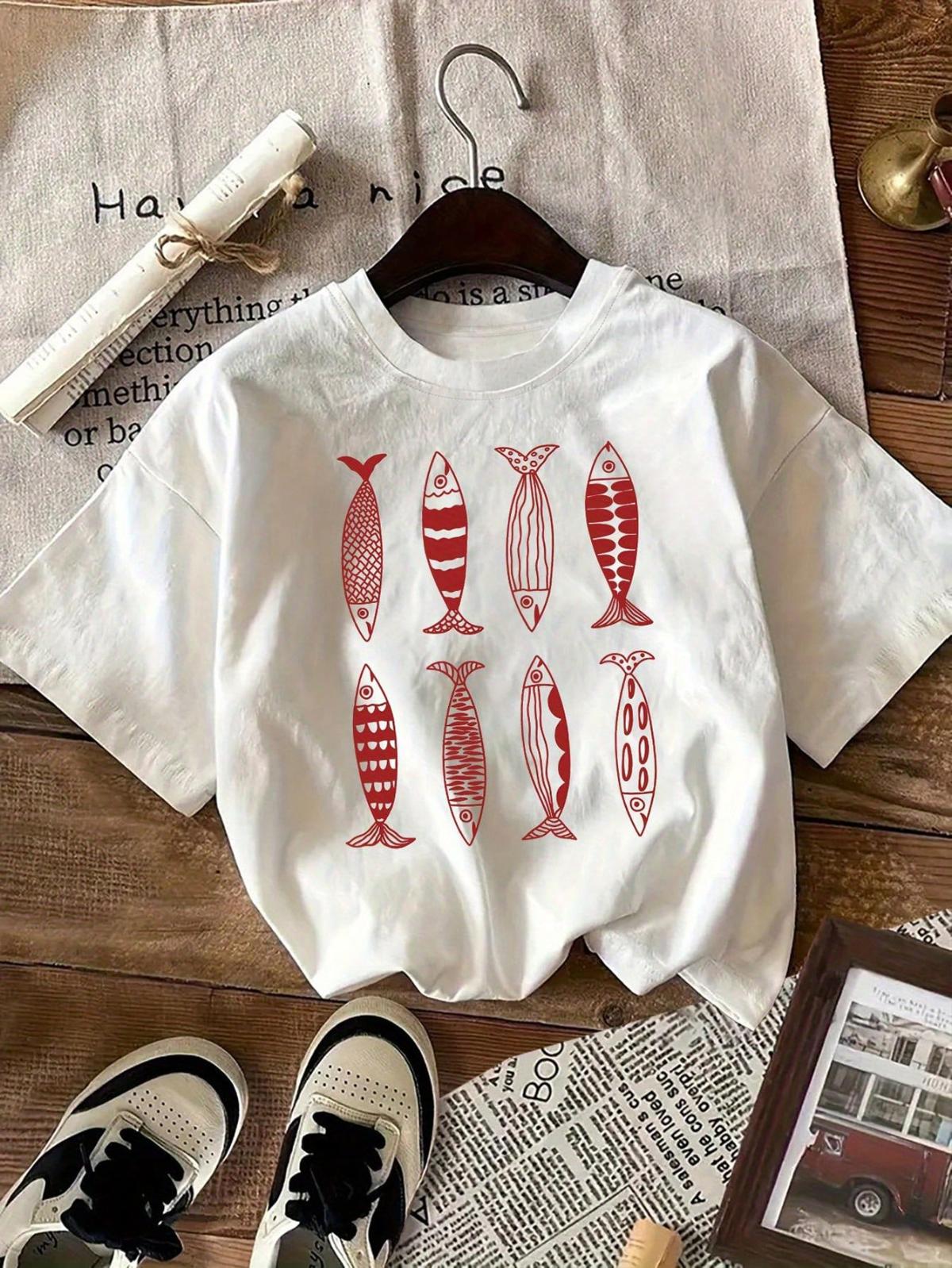 

Vintage Red Fish Graphic Tops Casual Short Sleeve Print Shirt Crew Neck Womens TShirt Female Clothing Suitable for All Season S