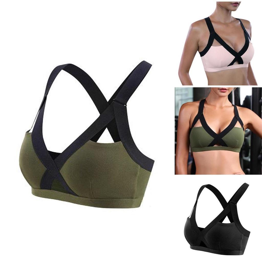 Comfortable Women Sports Bra With Front Cross Design And Solid Color For Yoga