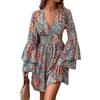 Abito Elegante Floreale da Donna a Manica a Campana con Scollo a V Stile Maturo Patchwork Retrò Francese Slim Sexy Elegante Abito Lungo da Donna
