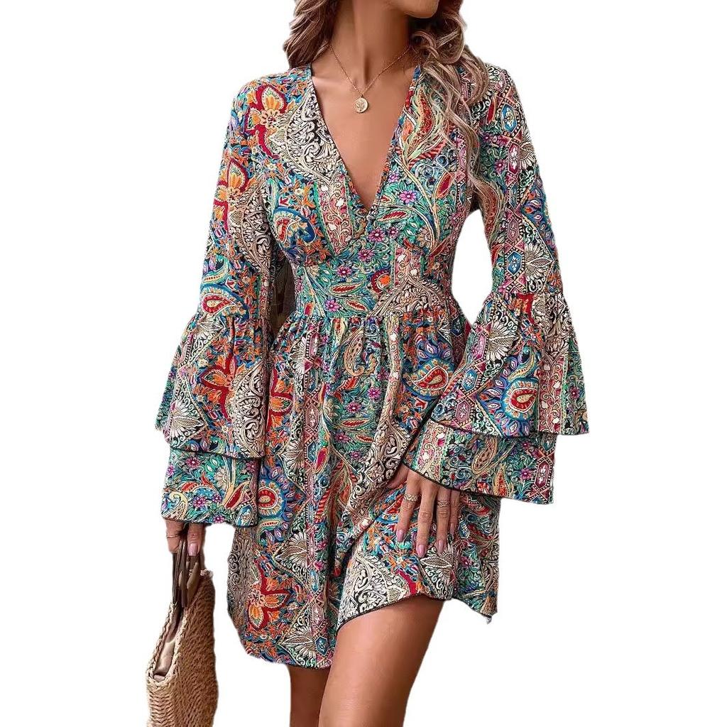 Abito Elegante Floreale da Donna a Manica a Campana con Scollo a V Stile Maturo Patchwork Retrò Francese Slim Sexy Elegante Abito Lungo da Donna