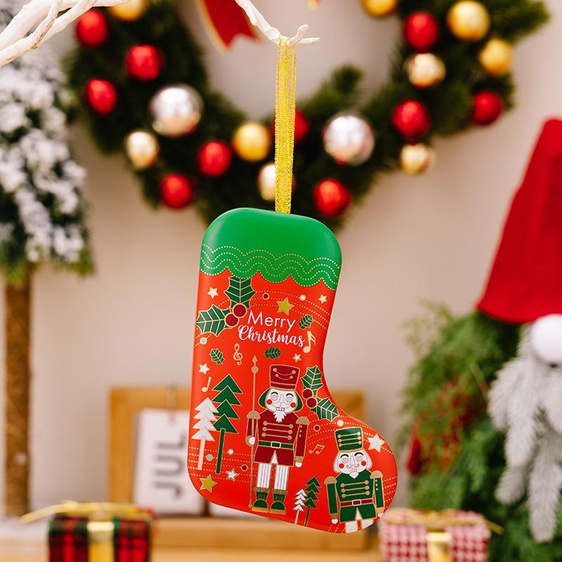 NewChristmas Tin Gift Box Set with Stocking Ornaments Holiday Candy Container and Decorative Hanging Sock for Festive Home Decor