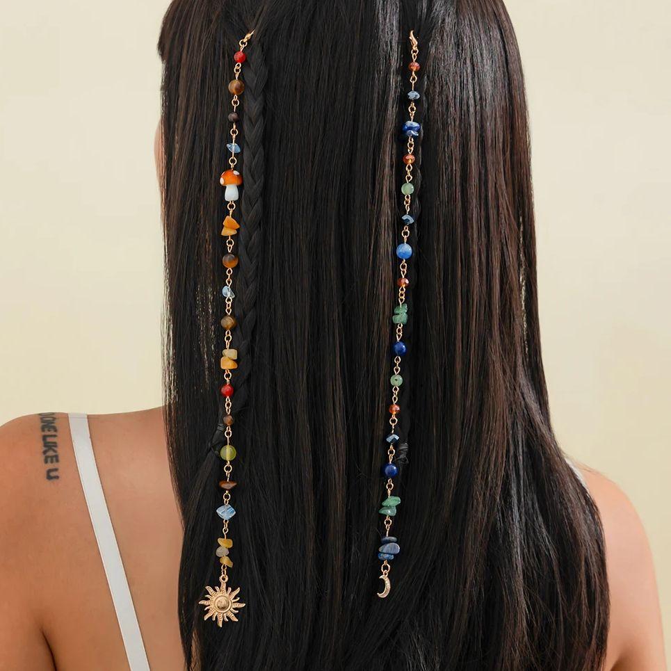 Ingemark Vintage Metal Sun Moon Pendant Hair Clip Chain Women Romantic Trendy Crystal Acrylic Beads Long Tassel Hair Accessories