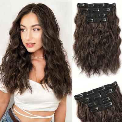 Syntetisk 4 STK Clip In Hair Extensions Kort Bølget Brunt Hår Extensions Usynlig blondeinnslag Naturlig hårpynt for kvinner