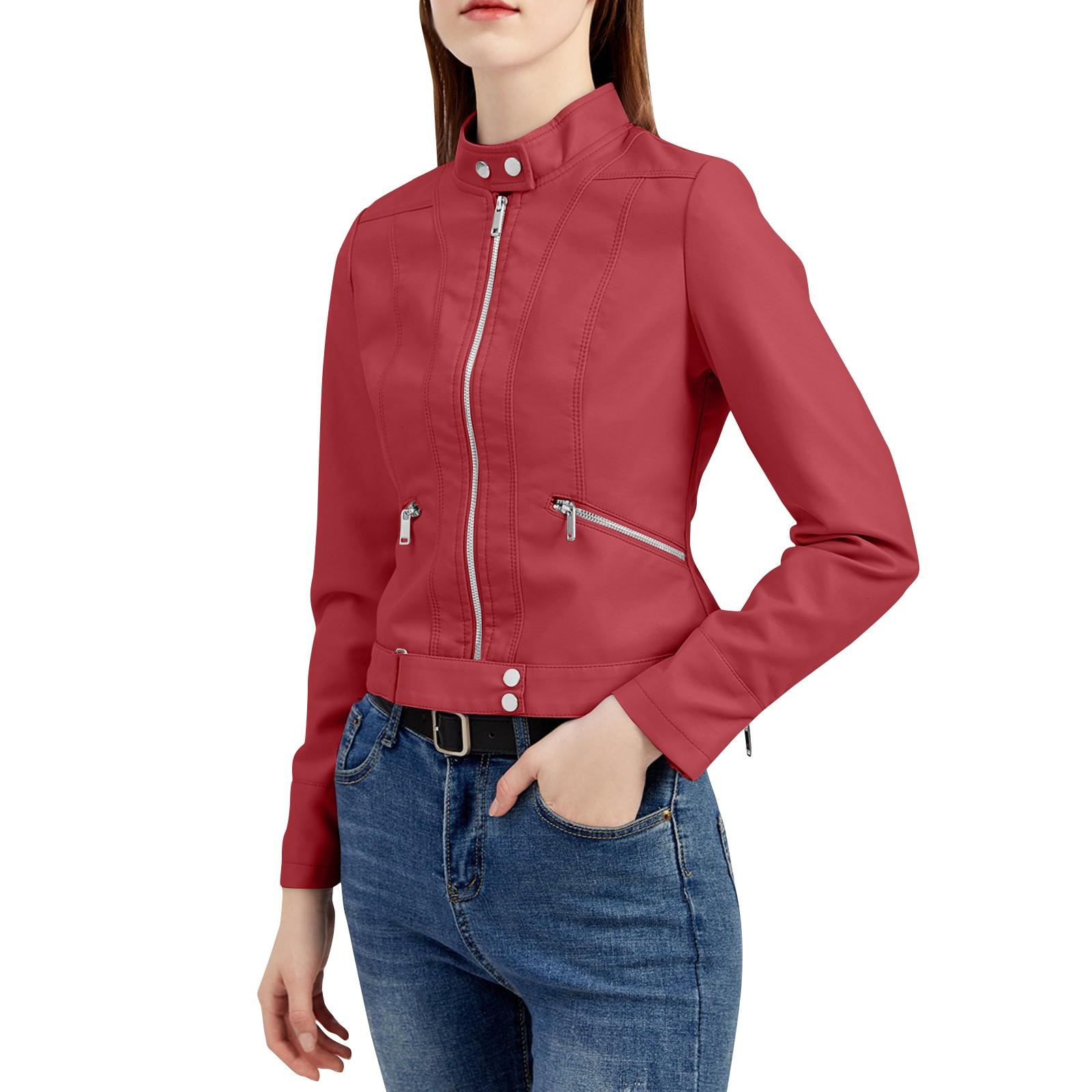 

Женская повседневная кожаная куртка с воротником-стойкой, облегающее пальто на весну и осень XL винный