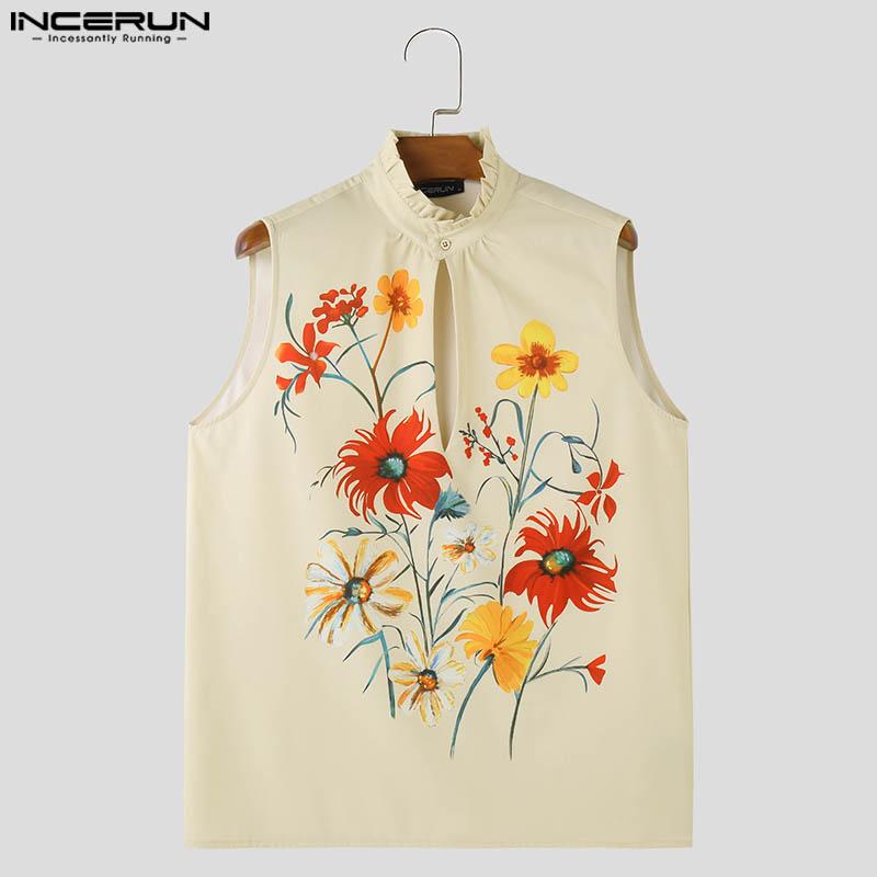 INCERUN Herren Tank Top mit Rüschenkragen und Blumenmuster, für den Strand oder den Urlaub