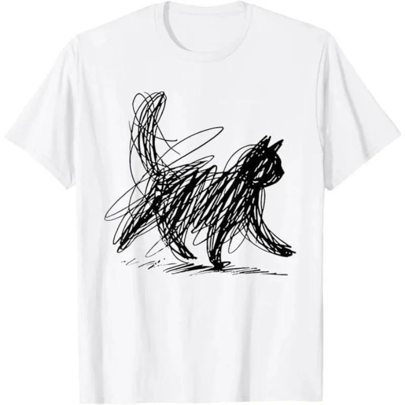 Urban Fashion Tshirt with Minimalist Cat Design Unisexs and Womens Cotton Tshirt Casual Summer Vacation Humorous Tshirt
